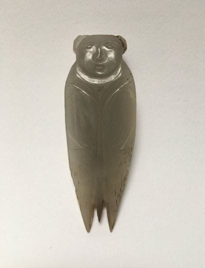 Cicada with a cherub's head in grey jade....