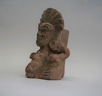 Small Aztec style incense urn in brown-beige...