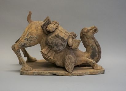 Kneeling camel carrying a pack of goods....