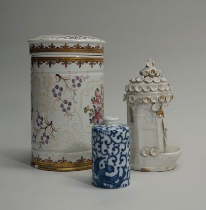 Porcelain set including: a covered pot with...