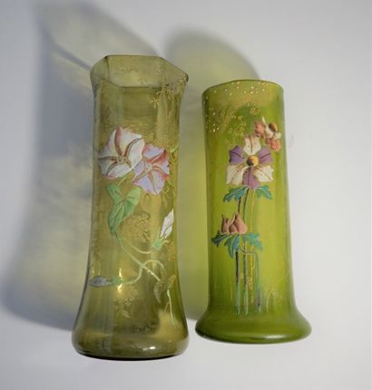 Two green glass cylindrical vases with flattened...