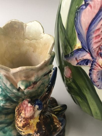 SET composed of a vase with irises and a...