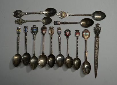SET of 13 small silver plated souvenir spoons....