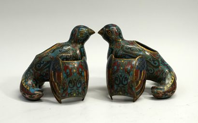 Pair of copper or brass cloisonné incense...