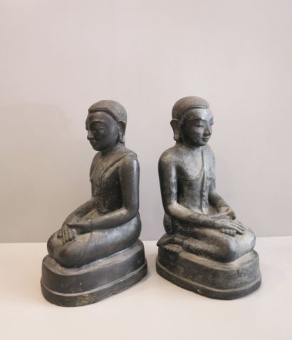 Pair of worshippers with half-closed eyes,...