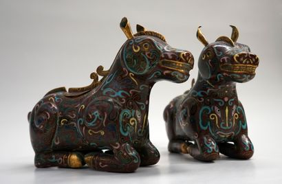 Pair of copper or brass cloisonné incense...