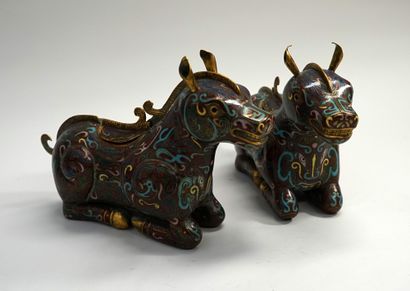 Pair of copper or brass cloisonné incense...