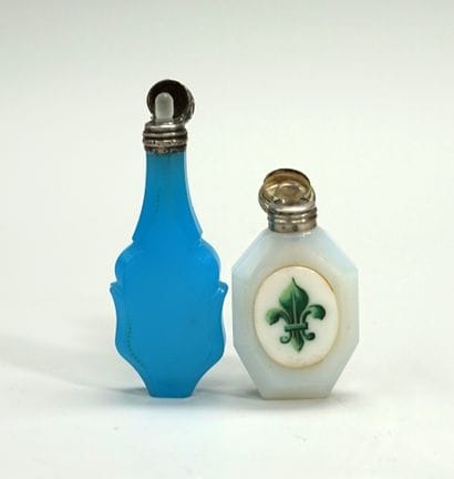 SET of 2 salt bottles, one in blue opaline...