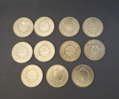 LOT DE 11 PIECES de 50 francs Hercule en...