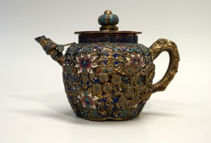 Miniature teapot in gilded copper with beautiful...