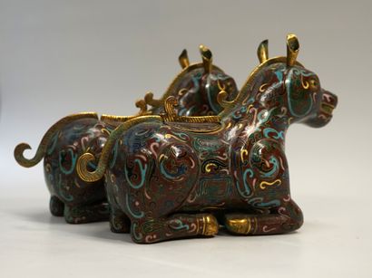Pair of copper or brass cloisonné incense...