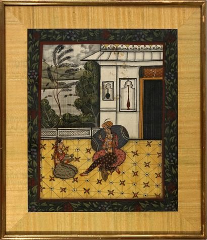 Gouache on fabric: drinking couple and maid...