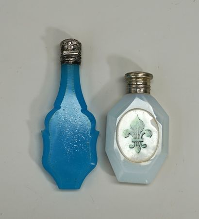 SET of 2 salt bottles, one in blue opaline...
