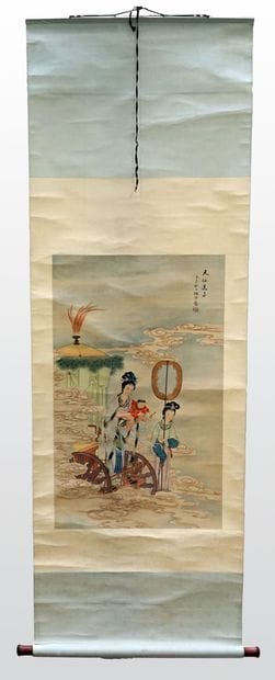 Painting on paper: immortal carrying a child...