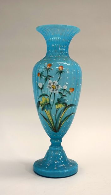 VASE in blue opaline glass with polychrome...