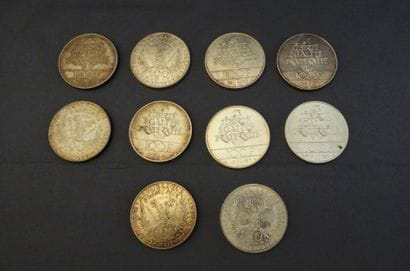 LOT DE 10 PIECES de 100 francs en argent....