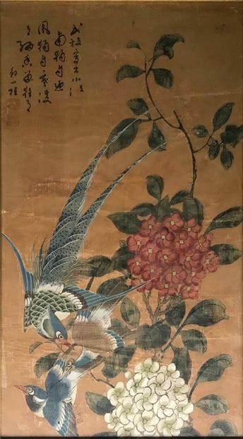 Painting on silk representing birds and flowers....