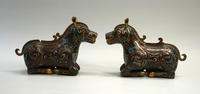 Pair of copper or brass cloisonné incense...