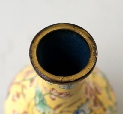 Small enamelled copper vase with floral decoration....