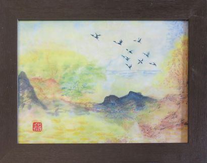Tableau représentant une nuée de neuf oiseaux...