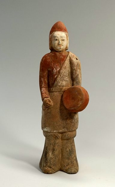 Tang musician (drum) in brown clay with red...