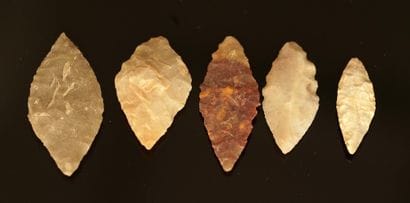 Five lightly denticulated almond-shaped flint...