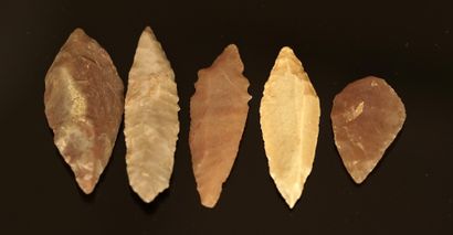 Five almond-shaped flint arrowheads from...
