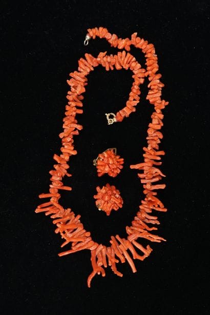 Red coral branch set consisting of a necklace...