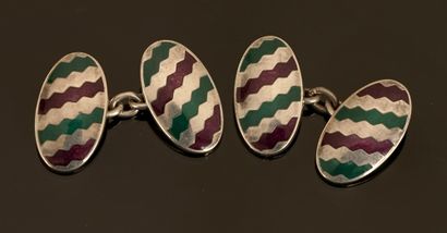 Pair of silver knobs, oval with red and green...