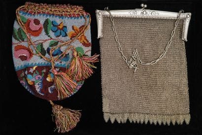 2 BAGS, one in multicolored pearl weaving,...