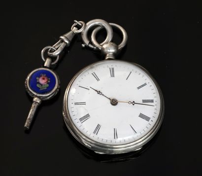 Silver pocket watch, white enamel dial, with...