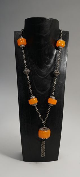 SAUTOIR in silver metal decorated with large...