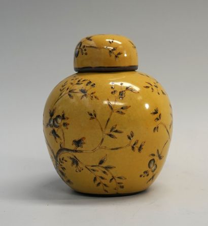 Ceramic covered pot of ovoid form with plum...