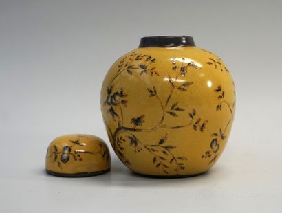Ceramic covered pot of ovoid form with plum...