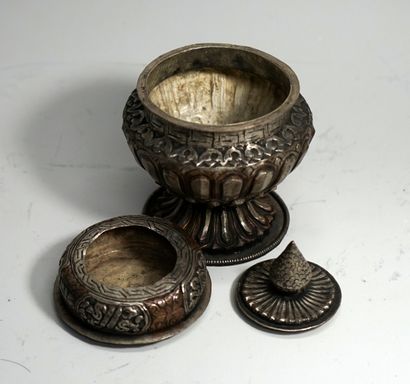 Offering container on pedestal, with lotiform...