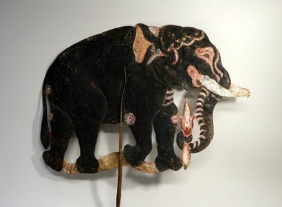 Old puppet presenting Gaja, black elephant...