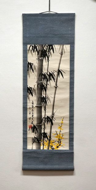 Calligraphy in vertical scroll: bamboo. Ink...