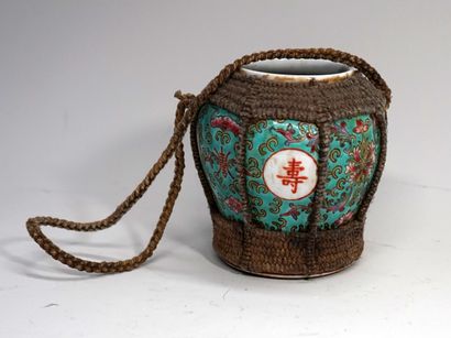 Polychrome porcelain vase, rope trim for...