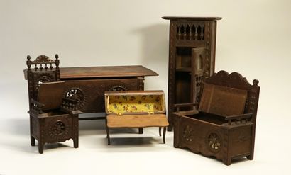 Dollhouse furniture: a chest table, a secretary,...