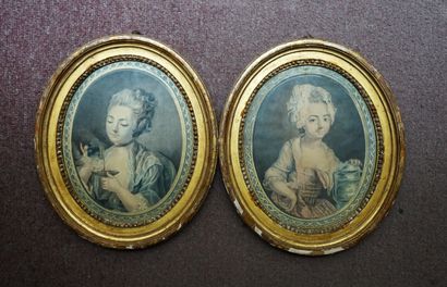 Pair of colored engravings representing young...