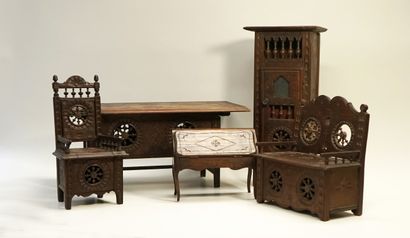 Dollhouse furniture: a chest table, a secretary,...