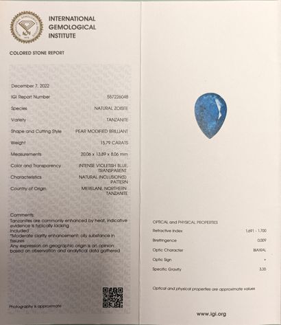 TANZANITE on paper 15.79ct with IGI cert...