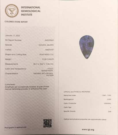 AMETHYSTE poire sur papier 37ct avec certificat...