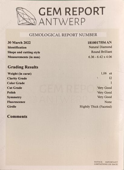 DIAMANT sur papier 1.06ct certif - I - I...