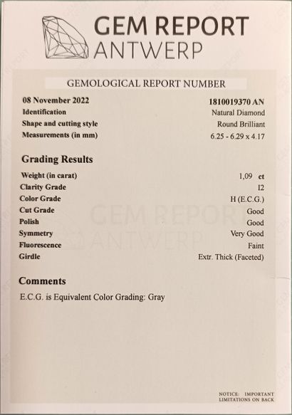 DIAMANT sur papier 1.09ct certif - H - I...