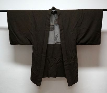 Kimono ancien brun chiné, doublure à motifs...