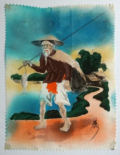 3 ESTAMPES en couleurs sur tissus: lettré...