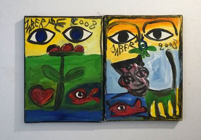 JABER, né en 1938, Art Brut, 2008, 2 acryliques...