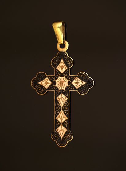 CROSS in gilt metal with black and pink enamel....