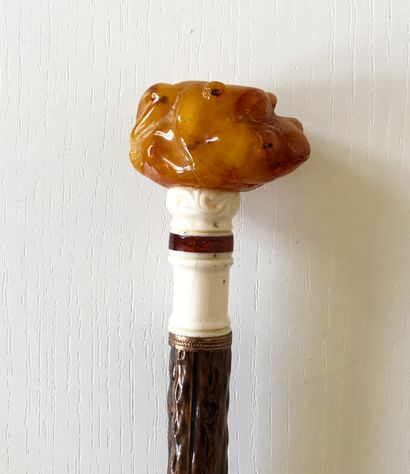 Canne à pommeau figurant une grenouille sculptée...